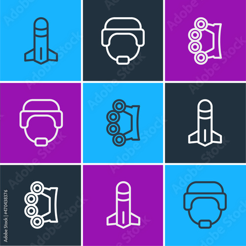 Set line Rocket, Brass knuckles and Military helmet icon. Vector