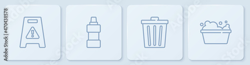 Set line Wet floor, Trash can, Bottle for cleaning agent and Basin with soap suds. White square button. Vector