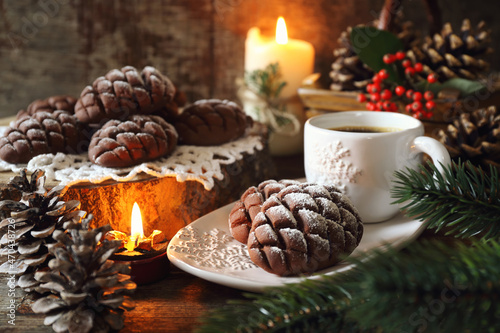 Christmas chocolate pine cone shortbread cookie and cup of coffee,New Year's decoration