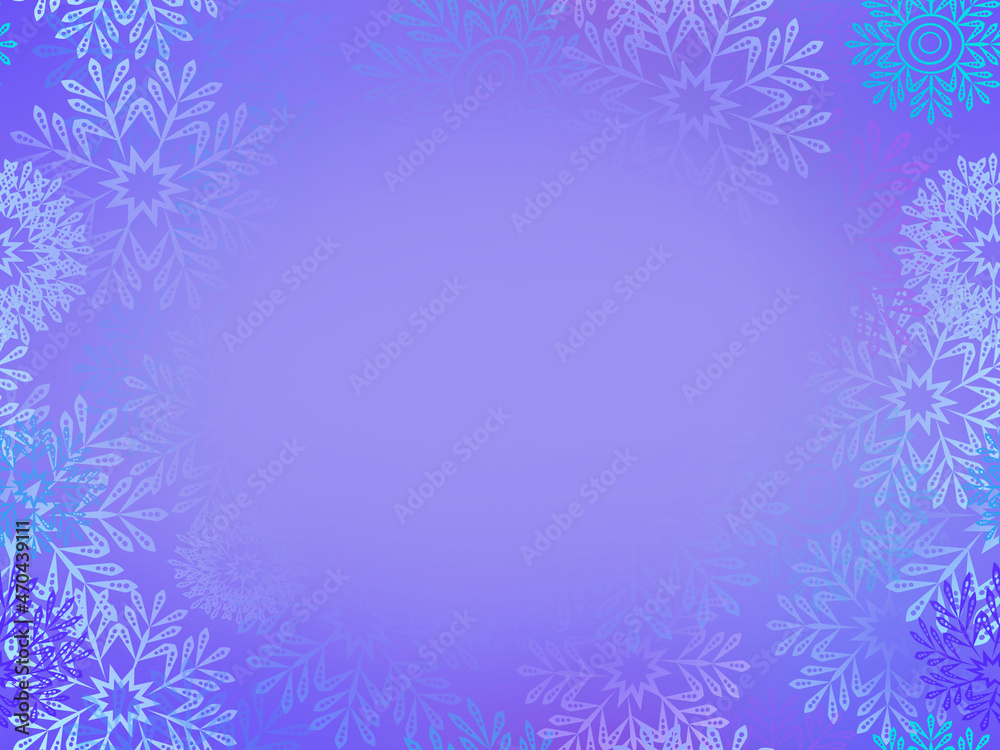 frame of blurred silhouettes of snowflakes in the fog on a blue background.