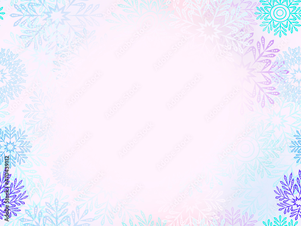 frame from multi-colored snowflakes in the fog on a white background.