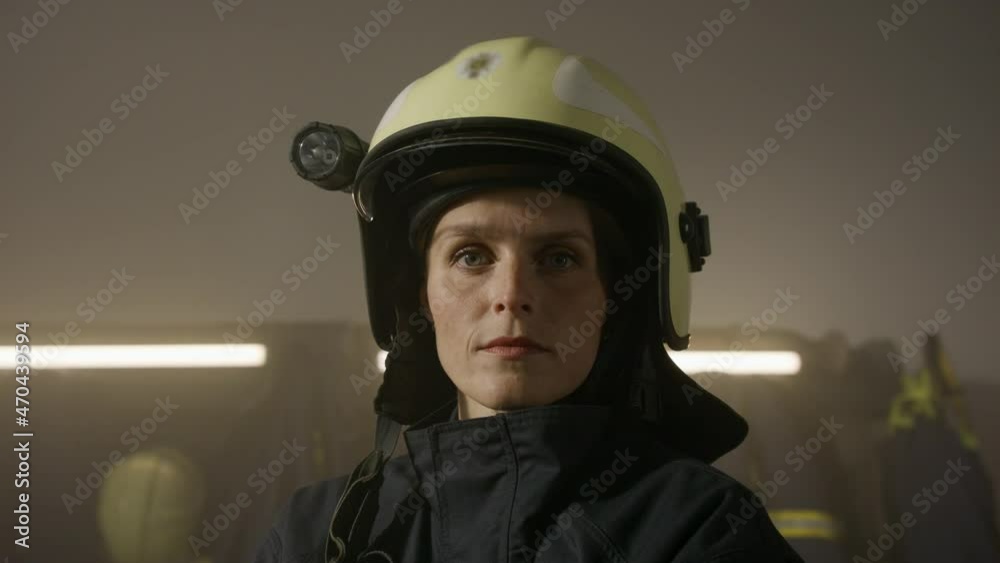 Mid adult female firefighter looking at camera indoors in fire station at night. Mid adult female firefighter looking at camera indoors in fire station at night.