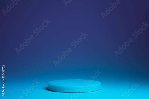 Podium with neon colors for product  cosmetic presentation. Creative mock up in blue. Pedestal or platform for beauty products.