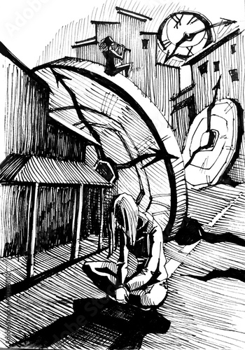 Broken time. A man on the ruins of the city, sits with his back to the light. Depression and hopelessness of lost time. Around the broken clock. ink, sketch.