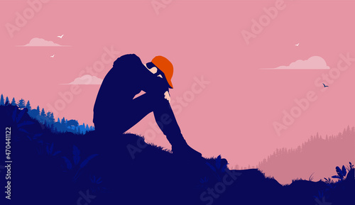 Depressed young male - Man sitting outdoors hiding face in hands, feeling sad and suffering from depression. Mental health concept, vector illustration