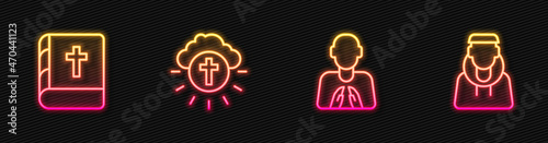 Set line Hands in praying position, Holy bible book, Religious cross circle and Monk. Glowing neon icon. Vector