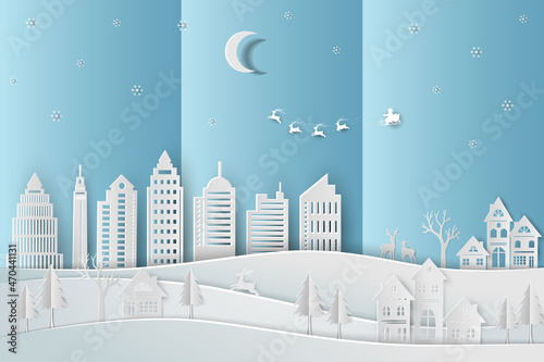 Merry Christmas and Happy New Year greeting card with Santa Claus coming to city on paper art background