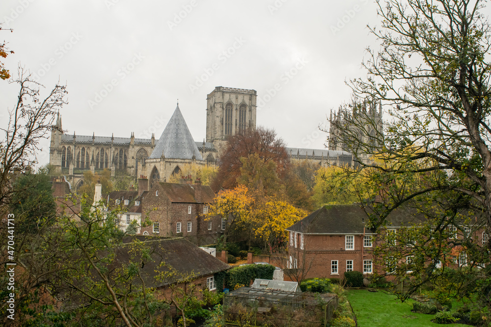 Colorful autumn gardens with view of York Minster in York England
