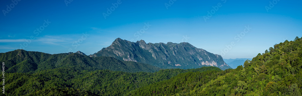 Beautiful panoramic view of mountains with blue sky in Thailand.