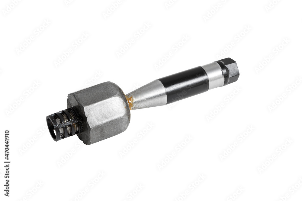 Front traction steering or steering rod or Axial hinge of a car isolated on white background. Detail of the suspension of a passenger car. Front traction steering or steering rod or Axial hinge of a car isolated on white background. Detail of the suspension of a passenger car.