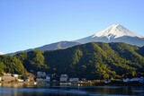 Mt. Fuji landscape near the lake with traditional hotels in Yamanashi, Japan