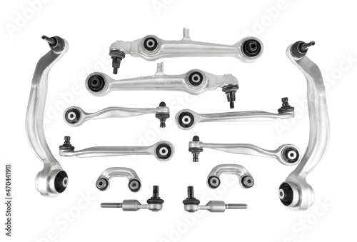 Car front suspension arm set isolated top view. A set of spare parts for a car suspension.