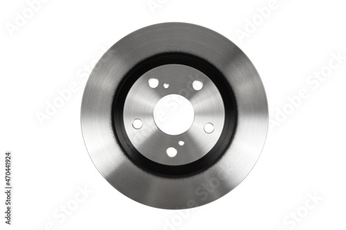 The brake disc of car top view is isolated on white background. Part of the braking system of a vehicle. The main element of the disc brake system.