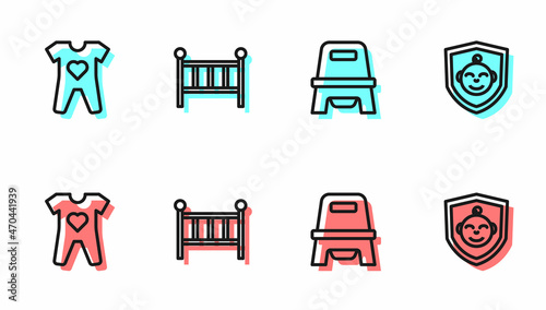 Set line Baby potty, clothes, crib cradle bed and on shield icon. Vector