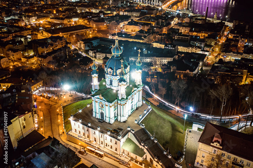 Aerial view of St Andrew's Church in Kyiv