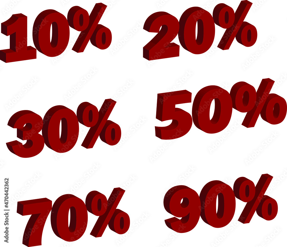 vector set of discounts 10%, 20%, 30%, 50%, 70% and 90% in 3d graphics. sale vector set of discounts 10%, 20%, 30%, 50%, 70% and 90% in 3d graphics. sale