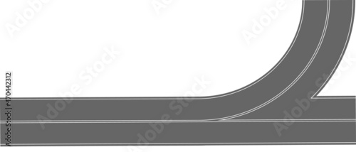 Straight turning road top view. Highway part with marking. Asphalt roadway element for city map isolated on white background. Vector flat illustration.