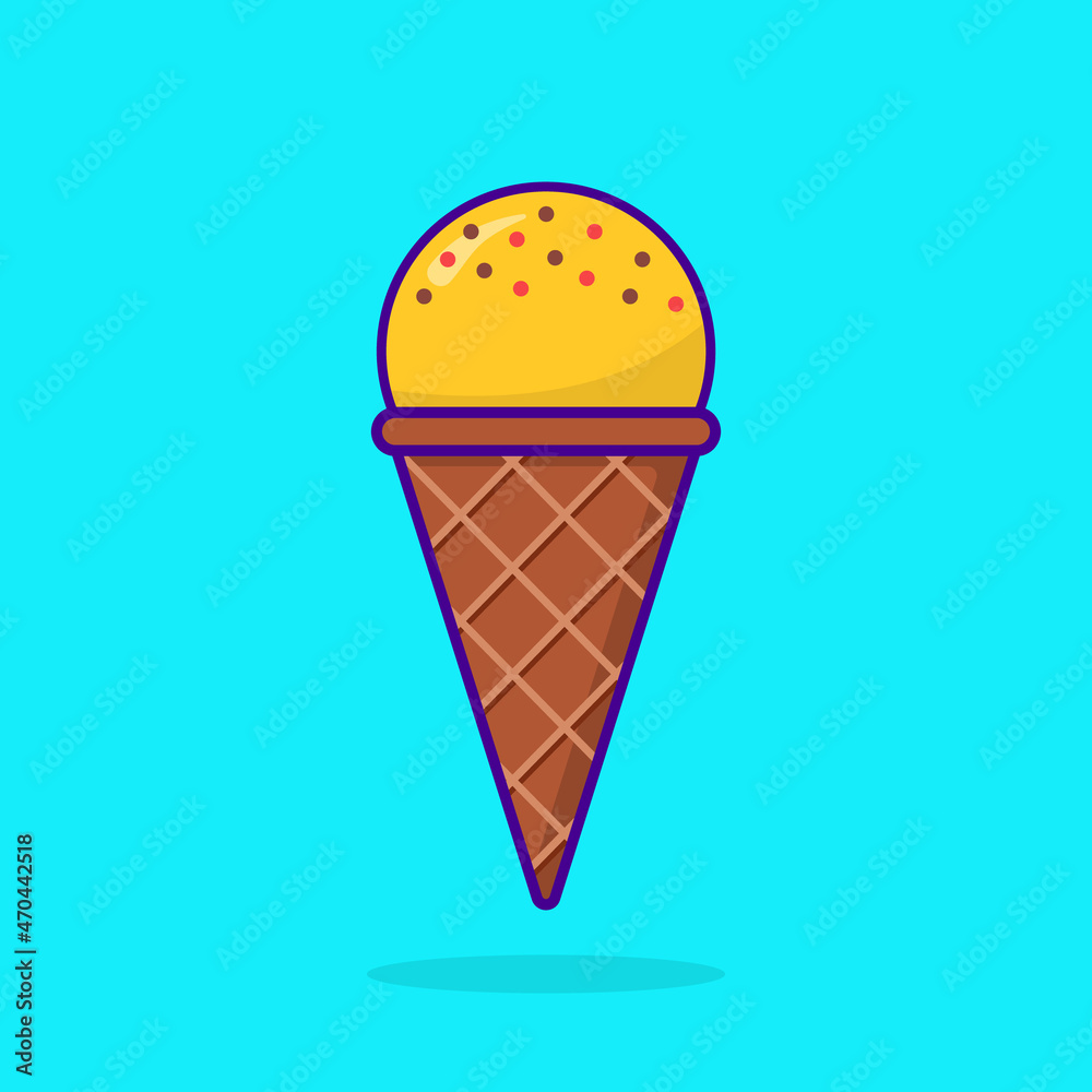 Summer Ice Cream in Waffle Chocolate Cone on Blue Background. Frozen Sweet Ice Cream Illustration. Cute Sundae in Cartoon Style. Isolated Vector Summer Ice Cream in Waffle Chocolate Cone on Blue Background. Frozen Sweet Ice Cream Illustration. Cute Sundae in Cartoon Style. Isolated Vector