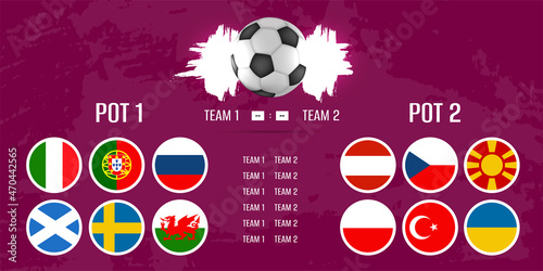 Realistic 3d soccer ball and flags. Sport poster, banner, flyer modern design. Second round qualifying. Vector illustration