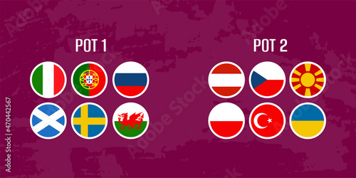 Flags play-offs team, Italy, Portugal, Russia, Scotland, Sweden, Wales, Austria, Czech Republic, North Macedonia, Poland, Turkey, Ukraine. Second round qualifying. Vector illustration photo