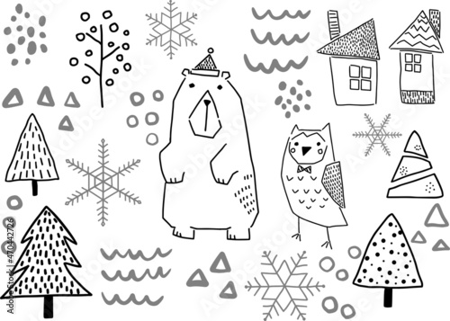 かわいいタッチの冬イラスト素材モノクロ