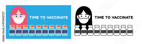 Time for vaccination. Conceptual poster. Ampoules with covid vaccine and the face of a doctor in a mask.