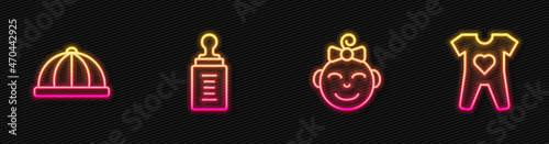 Set line Little girl head, Baby hat, bottle and clothes. Glowing neon icon. Vector