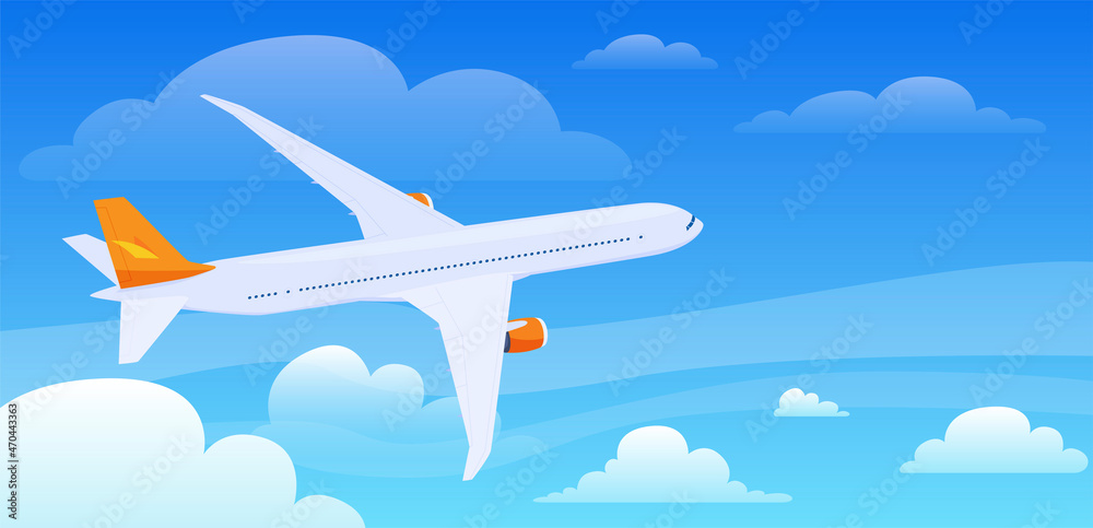 Flying plane at cloudy blue sky vector flat illustration. Passenger airplane flight carrying people