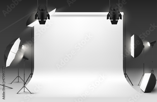 Empty room photography studio interior with white paper background and spotlights realistic vector