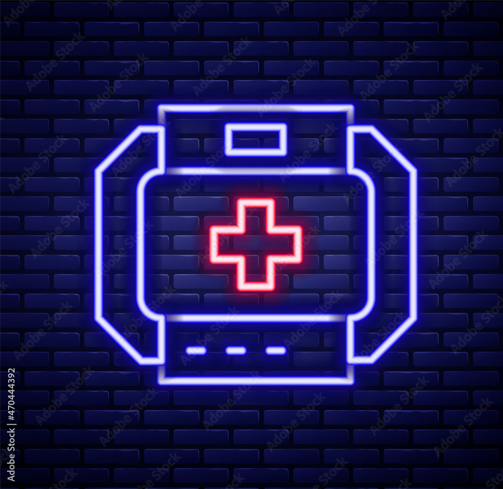 Glowing neon line First aid kit icon isolated on brick wall background. Medical box with cross. Medical equipment for emergency. Healthcare concept. Colorful outline concept. Vector Glowing neon line First aid kit icon isolated on brick wall background. Medical box with cross. Medical equipment for emergency. Healthcare concept. Colorful outline concept. Vector