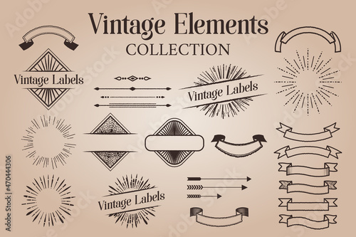 Vintage Elements Collection of Badges, Ribbons, Labels, Arrows, Sun Rays and Dividers