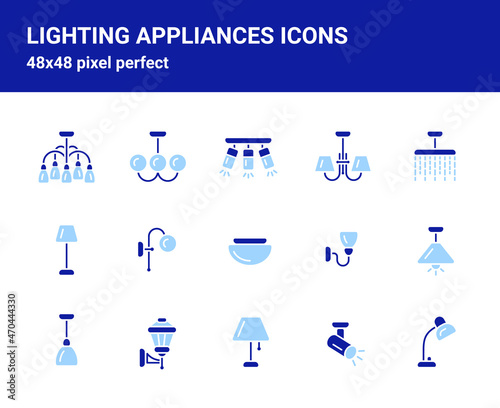 Simple set of related isolated flat emblems on white background for web design. Contains such icons as crystal chandelier, standing lamp, spot lighting and more. 48x48 pixel perfect.  Editable stroke.