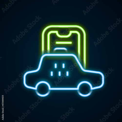 Glowing neon line Taxi mobile app icon isolated on black background. Mobile application taxi. Colorful outline concept. Vector