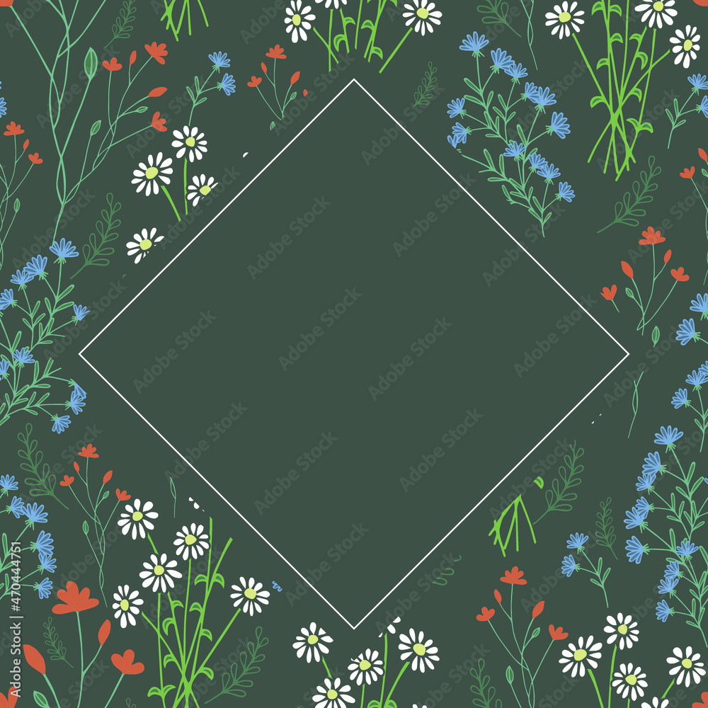 Naklejka premium Diamond field frame. Invitation design. Background to save dates and congratulations. Birthday cards with flowers.