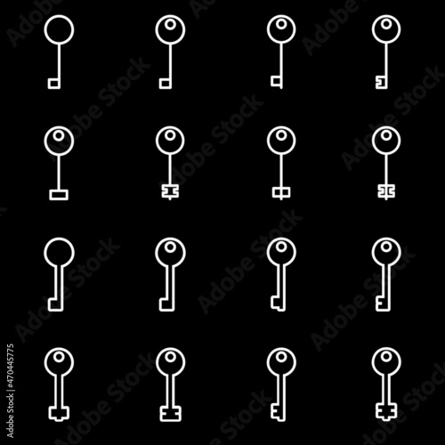 Set of line icons representing key. Metal kets of verious forms and shapes. Vector Illustration