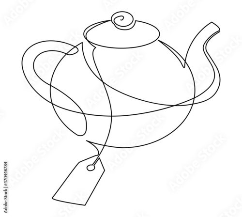 Porcelain teapot and tea bag. Continuous line drawing. Vector illustration.