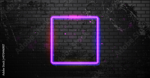 Grunge black brick wall with neon square frame. Neon lamp frame. Night club electric sign. Vector illustration.