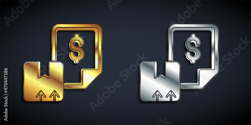Gold and silver Waybill icon isolated on black background. Long shadow style. Vector