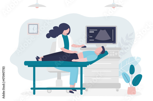 Nurse makes ultrasound scan to patient. Male character came to clinic for ultrasound of abdominal cavity