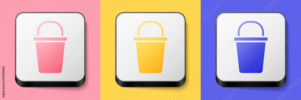 Isometric Bucket icon isolated on pink, yellow and blue background. Cleaning service concept. Square button. Vector Isometric Bucket icon isolated on pink, yellow and blue background. Cleaning service concept. Square button. Vector