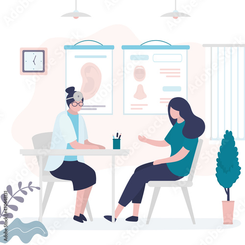 Young girl at ENT doctor's appointment. Woman with ear pain consults with otolaryngologist