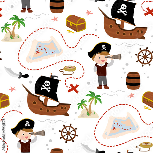 Seamless pattern with cute kid boy pirate. Cartoon child uses spyglass. Treasure hunt texture background. Different pirates elements. Preschooler in corsair costume.