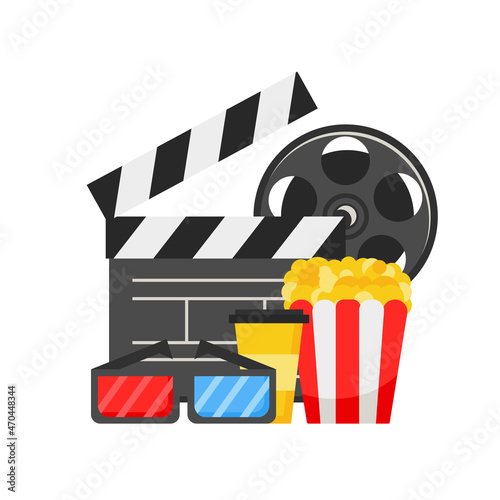 Cinema icons set in flat design style, vector illustration. Popcorn, soda or coffee, 3D glasses, movie clapper and reel on white