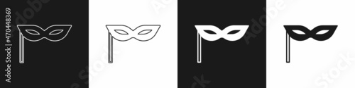 Set Carnival mask icon isolated on black and white background. Masquerade party mask. Vector