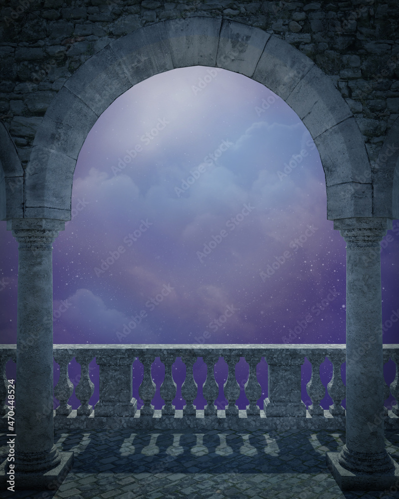 Fantasy purple and blue background. Dreamy moonlit stone archway and balcony  overlooking a night sky with stars and billowing clouds. 3D illustration  Stock Illustration | Adobe Stock