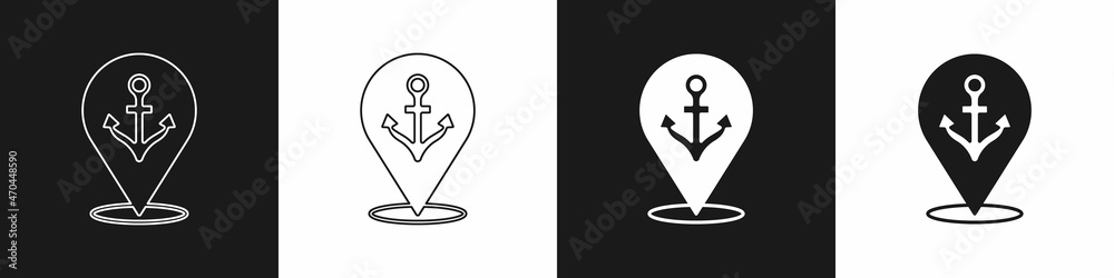 Set Map pointer with anchor icon isolated on black and white background. Vector Set Map pointer with anchor icon isolated on black and white background. Vector