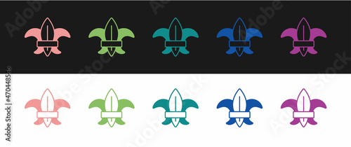 Set Fleur de lys or lily flower icon isolated on black and white background. Vector