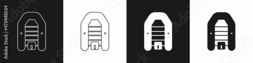 Set Inflatable boat with outboard motor icon isolated on black and white background. Vector