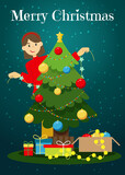 A holiday card with a girl decorating a Christmas tree. Vector illustration.
