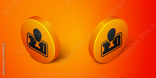 Isometric Food ordering on mobile icon isolated on orange background. Order by mobile phone. Restaurant food delivery concept. Orange circle button. Vector